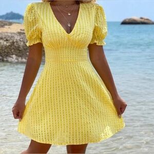 🍂 Sunny Yellow V-Neck Gingham puff sleeve-line Dress
